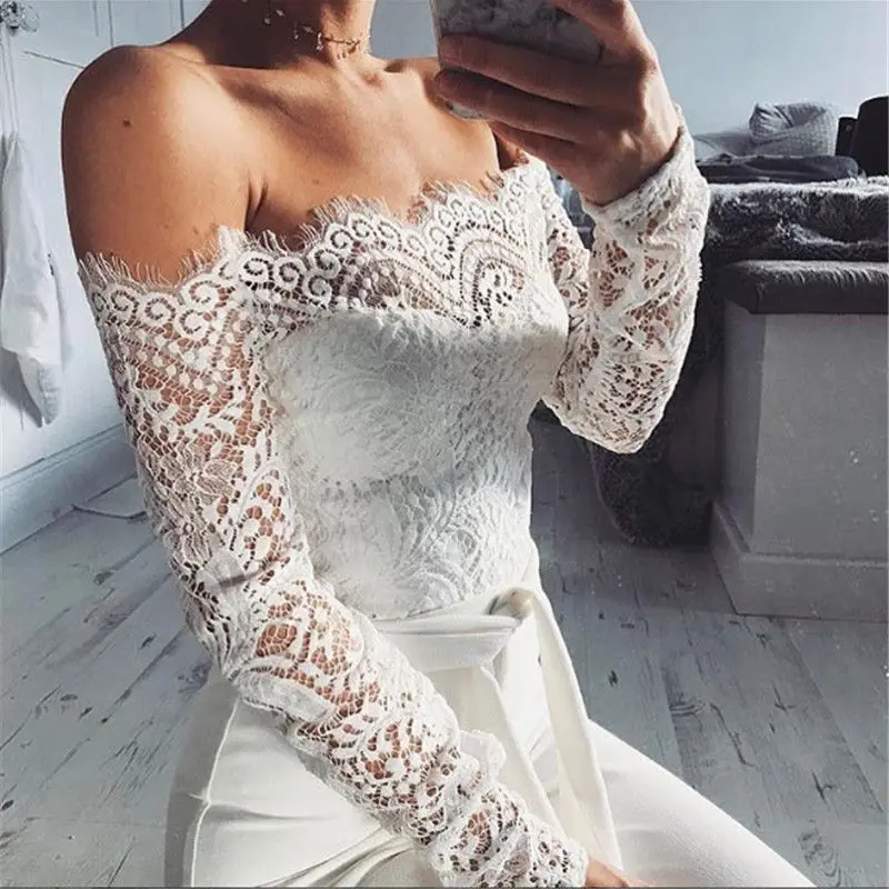 

Women Off Shoulder Lace Bodysuit Long Sleeve Leotard Playsuits white sexy bodycon Bodysuit Bodycon jumpsuits 2020 summer
