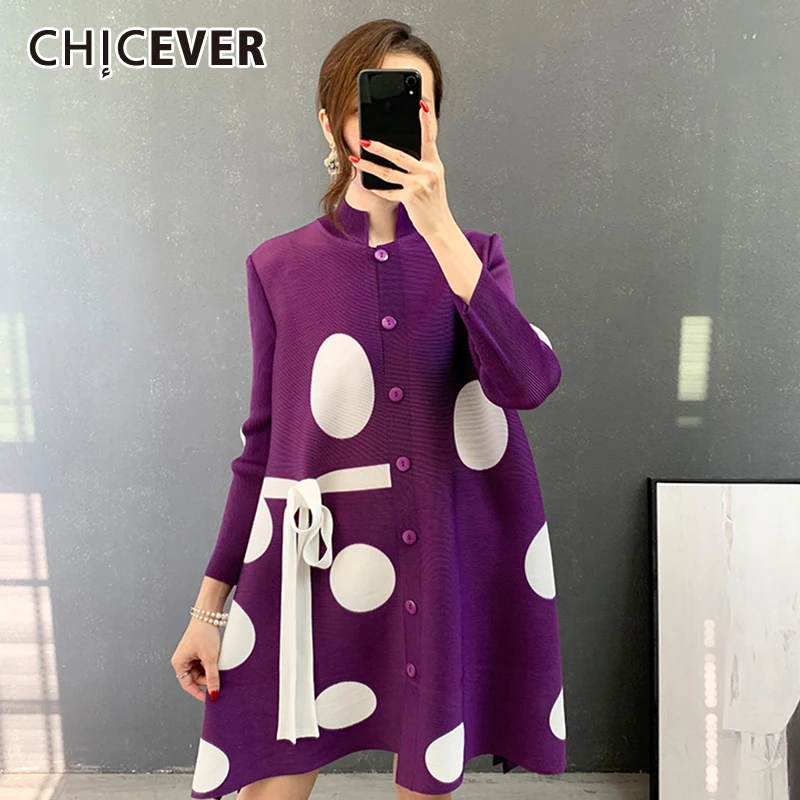 

CHICEVER Casual Print Colorblock Coat For Women Stand Collar Long Sleeve Patchwork Bowknot Loose Jackets Female Clothing 2021