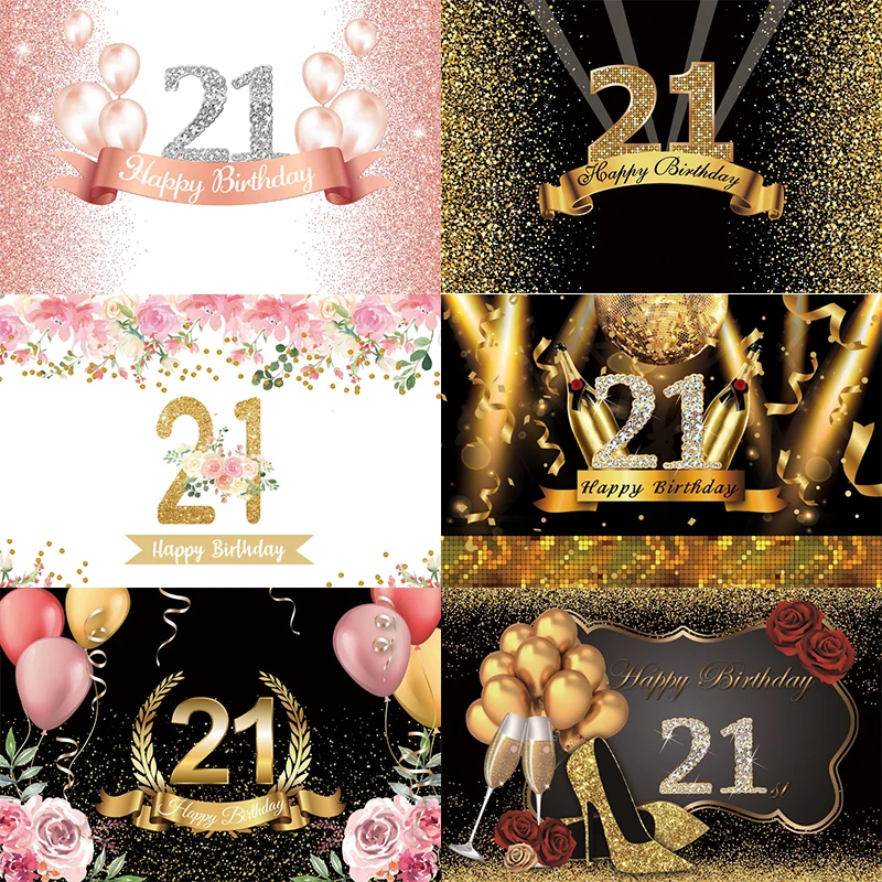 

Rose Gold 21st Backdrop Girls Happy Birthday Party Flower Boy Photography Background Adult Golden Black Photographic Banner