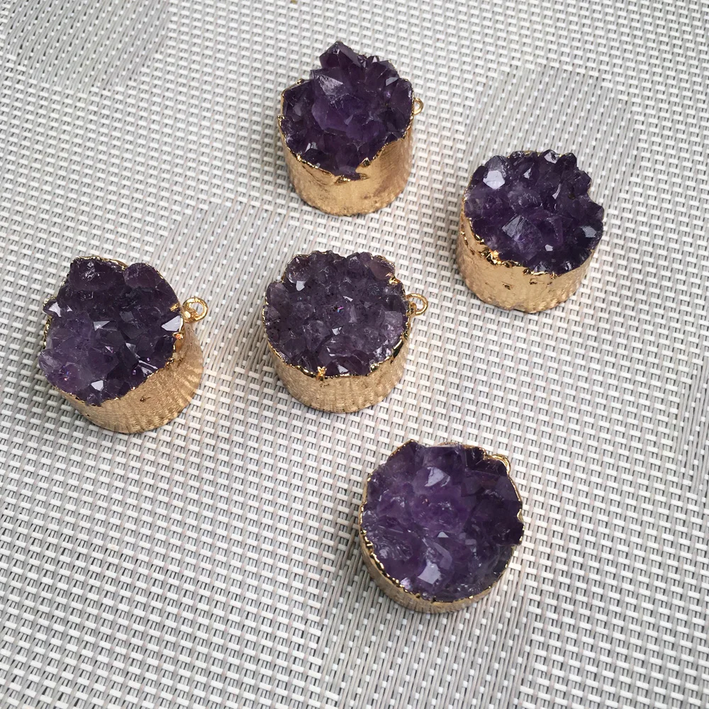 

New Round Amethysts Bud Gold Plateds Pendants Making for Jewelry Necklace Temperament Accessories Gift For Women Size 25x30mm