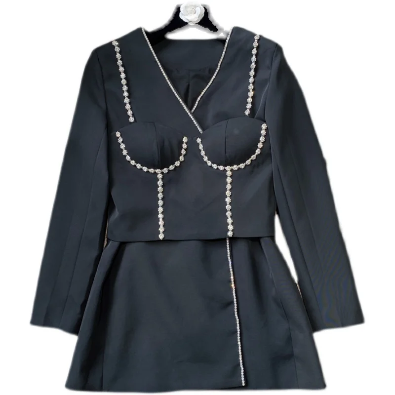 

Dress Sets Women 2021 Autumn New Diamond V Neck with Chest Pad Long Sleeve Dress + Camisole Top Ladies Two Piece Suits