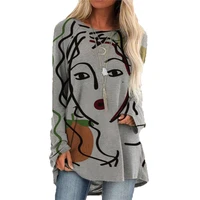 fashion graffiti women face print t shirt vintage o neck shift female casual cotton loose long sleeve tops plus size