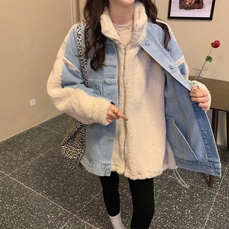 Женская джинсовая куртка из овечьей шерсти в стиле пэчворк повседневное плотное