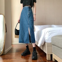 2021 summer women korean style fashion long jeans midi loose skirts dark light blue split high waist denim vintage female fall