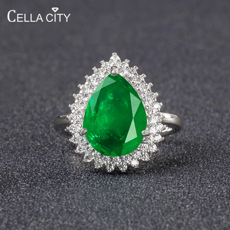 

Cellacity Vintage emerald gemstone ring with water drop shape 10*14mm stone 5A zircon wedding party fine Jewelry Gift size 6-10