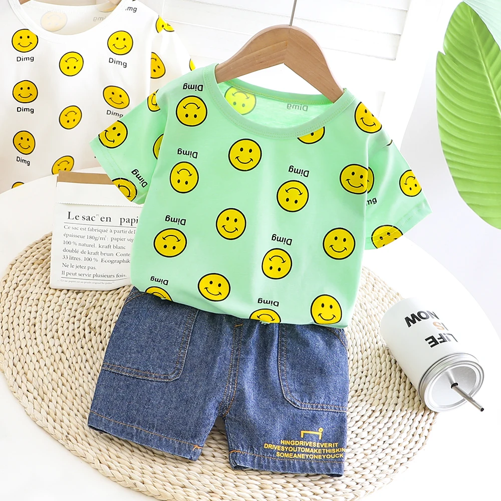 Одежда для мальчиков и девочек Футболка со смайликом синяя короткая одежда детей