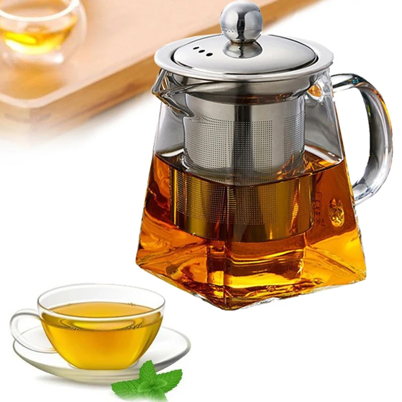 

Термостойкий стеклянный чайник с инфузером из нержавеющей стали, контейнер с подогревом, хороший прозрачный чайник, квадратные фильтрующи...