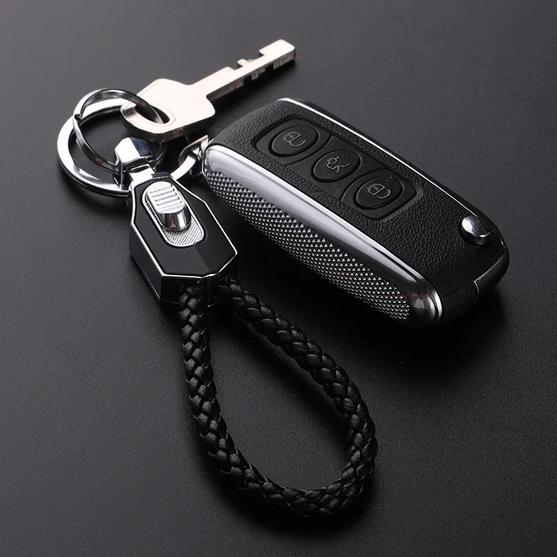 

High-Grade Woven Leather Car KeyChain DIY Phone Number Double Ring Keychain Women Men Key Rings Holder Genuine Charm Bag Pendant