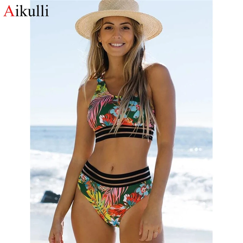 

High Waist Bikini Print Swimsuit Women Sexy One Shoulder Bikini Set 2021 Summer New Beach Swimwear FemaleTwo-Piece Bathing Suit