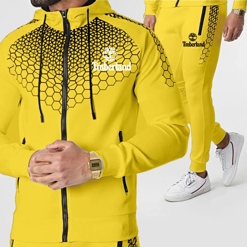 

Mens Tmberland Logo Print 2 Piece Sets Sportswear Zipper Hooded Jacket Sweatshirt Pants Gym Running New Tracksuit Men Clothing