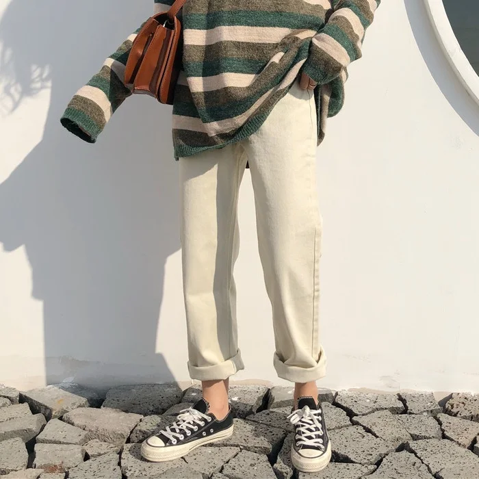 

Jeans Women Leisure Loose High Quality Womens Chic Simple Straight Single Button Full-length Trousers Korean Style All-match