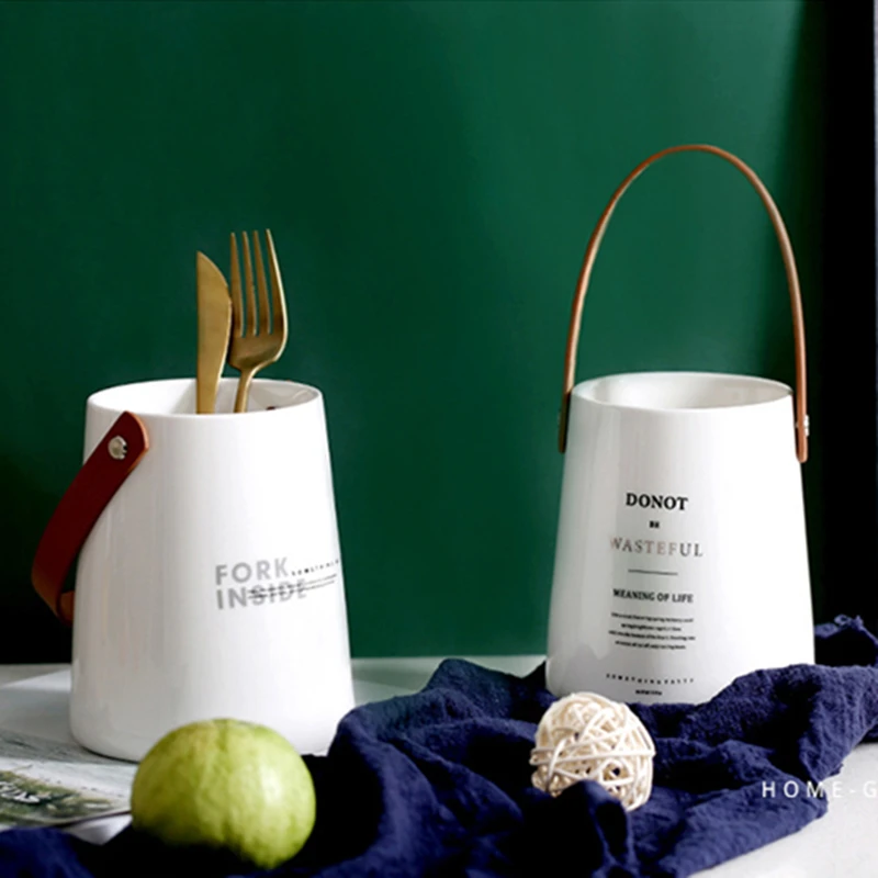 

Ceramic Chopsticks Storage Tube Fork Storage Box Leather Portable Tableware Drain Rack Household Kitchen Utensils Storage Tool