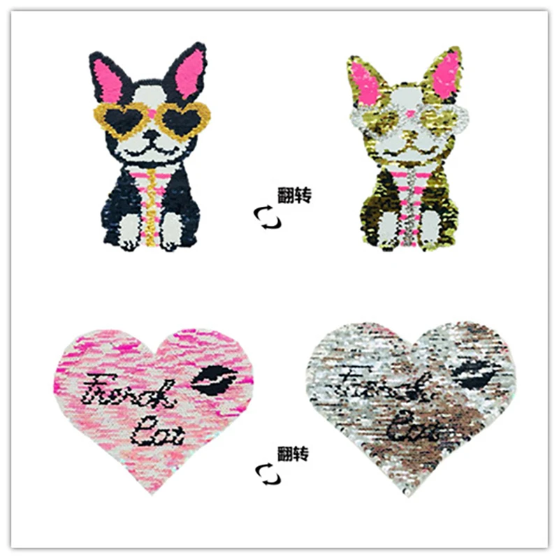 

Dog Wearing Heart Glasses Sequins Patch Reversible Change Color DIY Applique Bag Coat Sweater Crafts Sew On Patches For Clothes