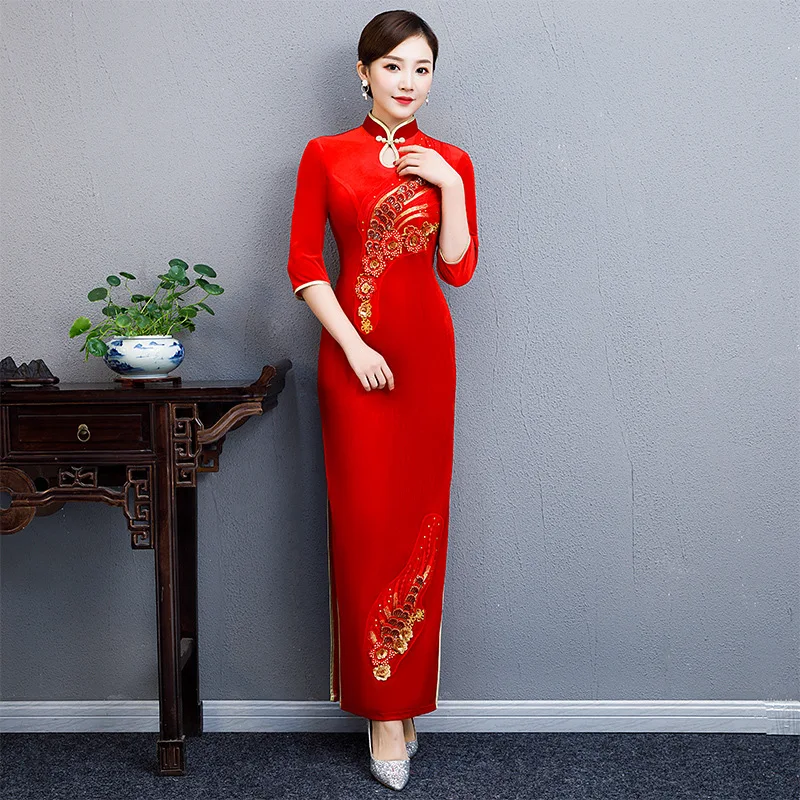 

Традиционное велюровое платье Qipao с аппликацией для фотографий, вечернее платье большого размера с воротником-стойкой, женское платье-Ципа...