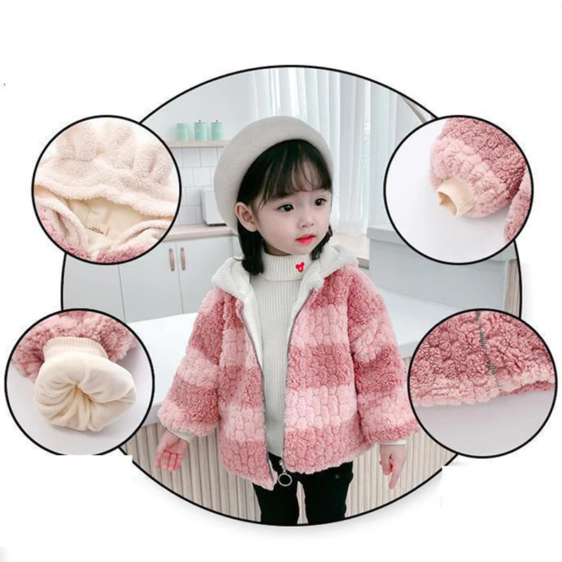 

Winter Jackets Girls Hooded Hair Baby girls Cashmere Clothes Toddler Kids Outerwear Fashion Wool Coat Girls 1-8years Clothing