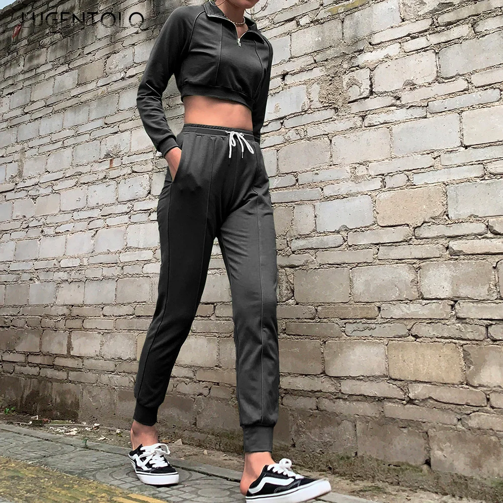 

Lugentolo Women 2 Piece Set Top and Pants Autumn Long Sleeve Zipper Solid Casual Slim Short Top Sport Long Pants Female Set