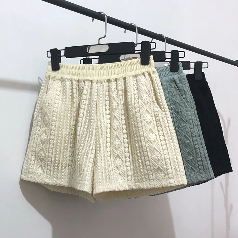 

Summer Elastic High Waist Lace Women Shorts Fashion Elegant Mesh Wide Leg Baggy Loose S-2XL Beige Black Green Women Clothes