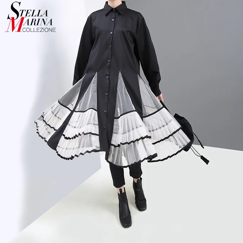 Женский в Корейском стиле черное Плиссированное Платье рубашка с длинными