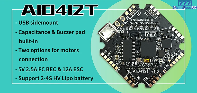 Контроллер полета namelesrc AIO412T F4 AIO F411Flight + 12A ESC 2 4S HV DShot600 для дрона зубочистки DIY FPV