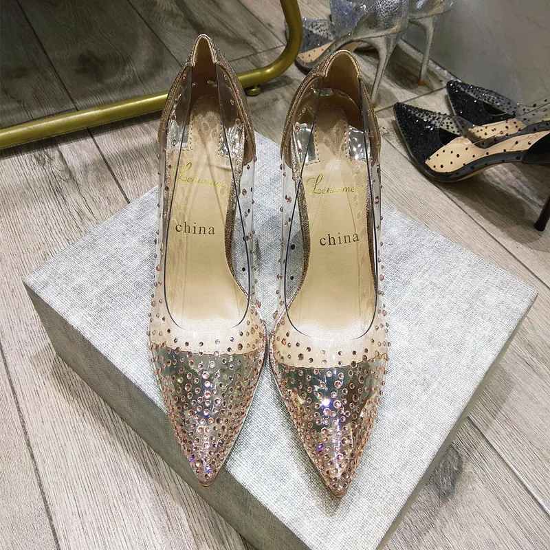 

Free shipping fashion women pumps pvc clear crystal Rhinestone pointy toe stiletto stripper high heels shoes 10cm 8cm party shoe