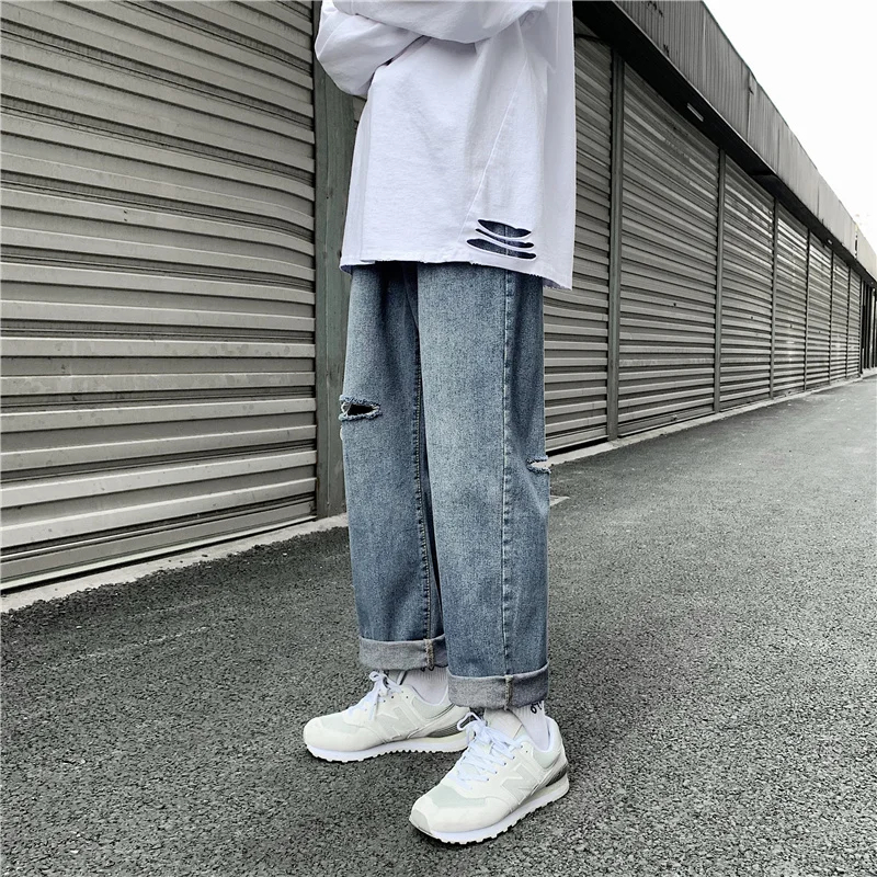 

Men Solid Color Ripped Jeans Korean Casual Loose Harajuku Streetwear Hip-hop Straight Leg Pants Wide Leg Pants Ankle-length Pant