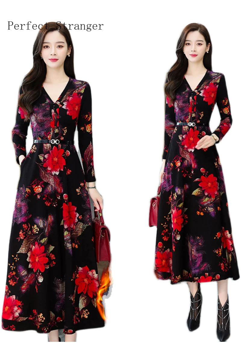 

2020 Autumn Winter New Arrival Hot Sale Thicken Fleeces V Collar Flower Printed Women Long Cotton Dress Plus Size M-3XL