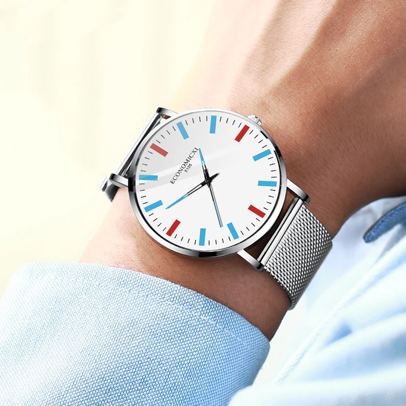 Красочные повседневные мужские часы минималистичные сетки Простые Модные