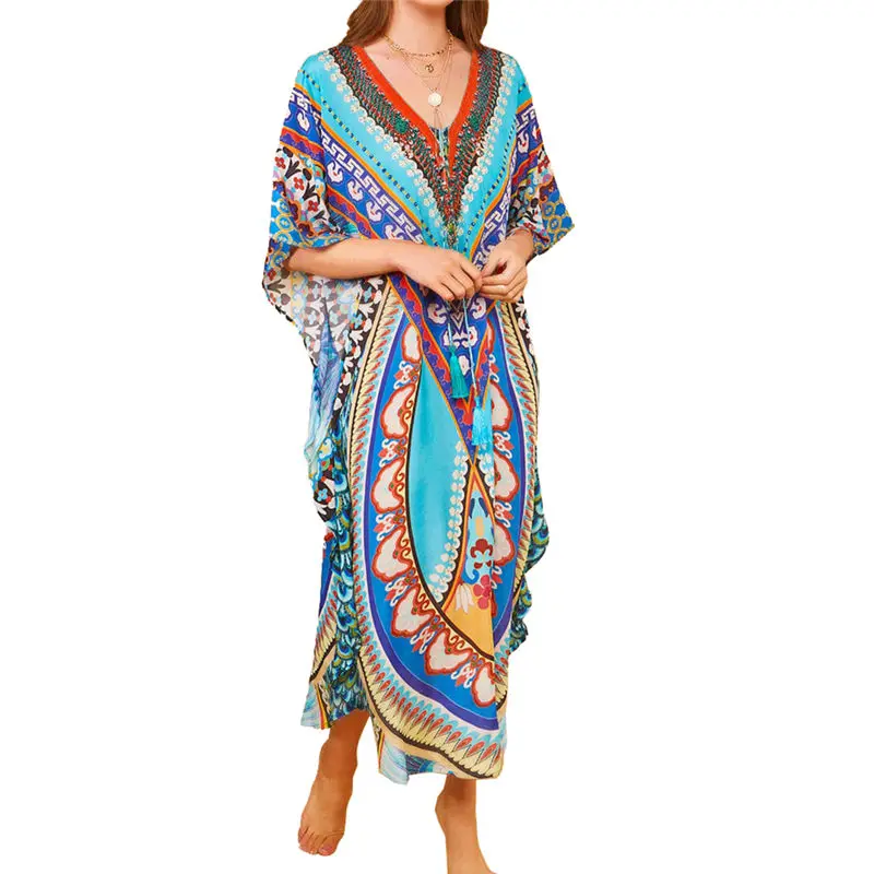 Женское Хлопковое платье туника синее пляжное кафтан с V образным вырезом и