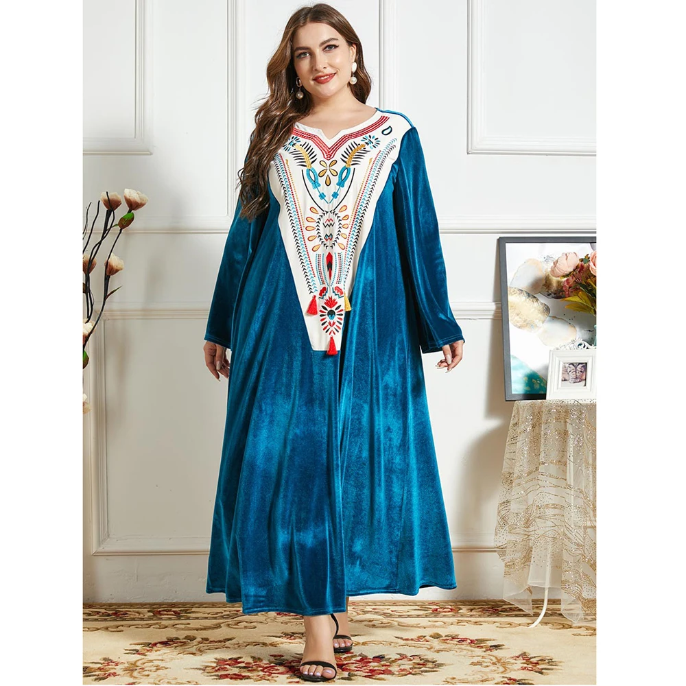 Рамадан Исламская Vestido мусульманский абайя Jilbab длинное платье бархат для женщин осень-зима Ближнего Востока размера плюс с вышивкой Халат