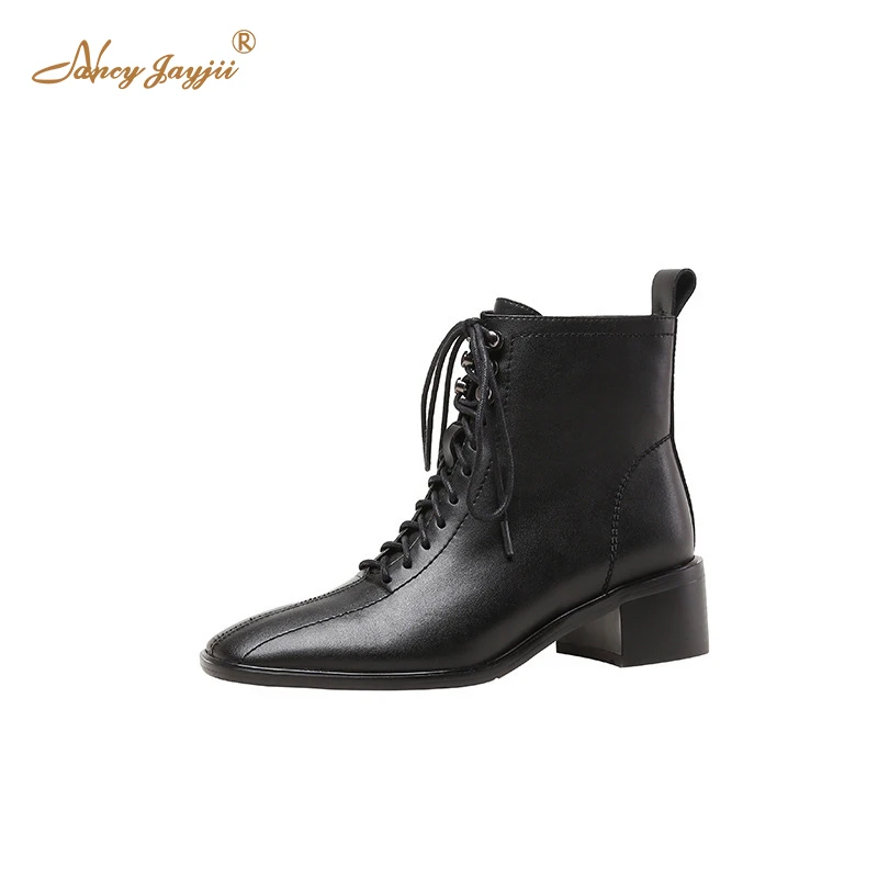 

Nancyjayjii Black Mature Martin Boots Winter Women’S Elegant PU Square Toe High Chunky Heel Ankle Booties Ladies Lace-Up Shoes