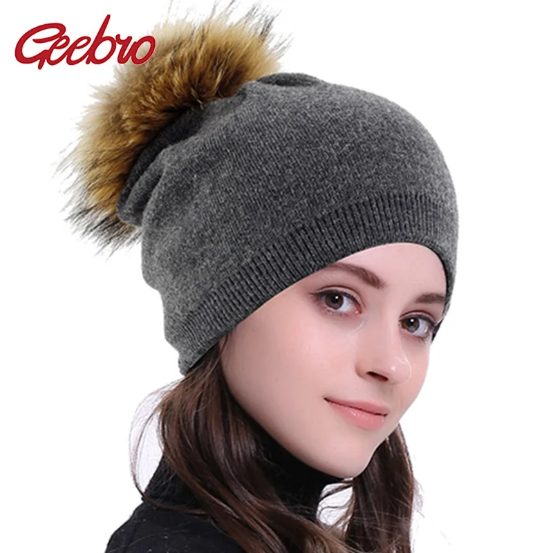

Geebro Women Elastic Autumn Cashmere Beanies Men Solid Color Hats Unisex Winter Warm Soft Skullies Caps With Real Fur Pompom