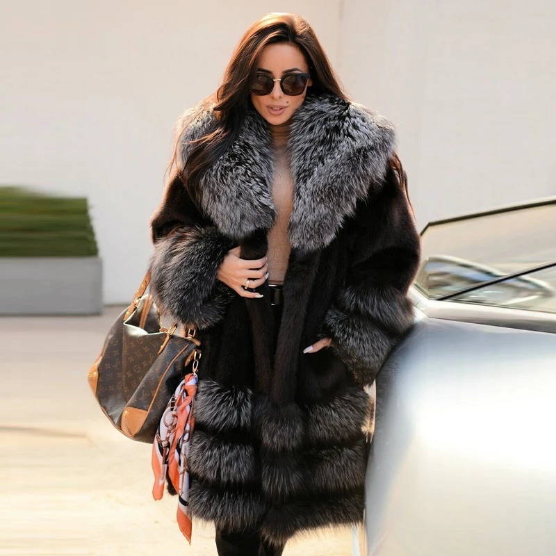 Luxury Natural Mink Fur Coat For Women WInter Long Genuine Mink Fur Jacket With Sliver Fox Fur Collar And Bottom Fashion Outwear