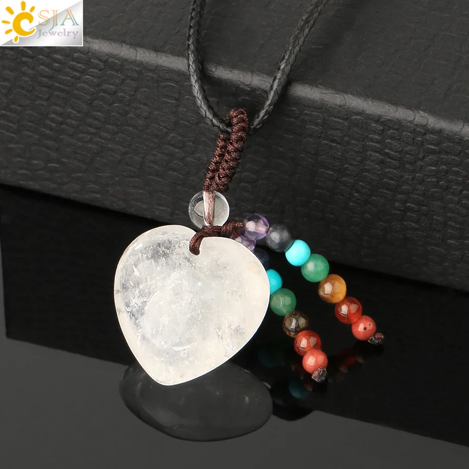 CSJA Natural Stone Heart Pendants 4mm Reiki 7 Chakra Bead Tassel Charm Healing Pink Quartz Crystal Black Necklace Women Men G536 | Украшения