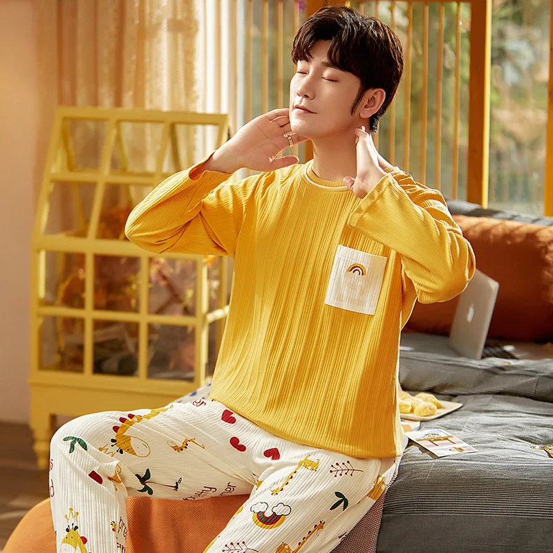 

Print Cartoon Pajamas Suit Nightgown Homewear Pyjamas Men Cotton Sleep Set Nightwear Sleepwear Loose 2PCS Shirt&Pants Robe Gown