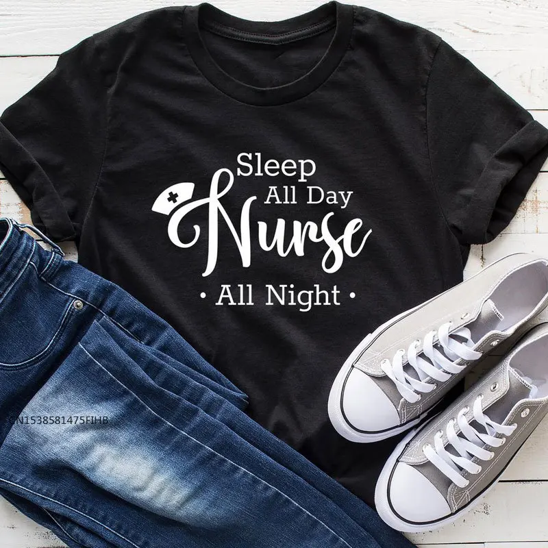 

Sleep All Day Nurse All Night T-Shirt Funny 90s RN Nursing Gift Tshirt Women Graphic Nurse Life Top Tee Shirt Premium Fabric