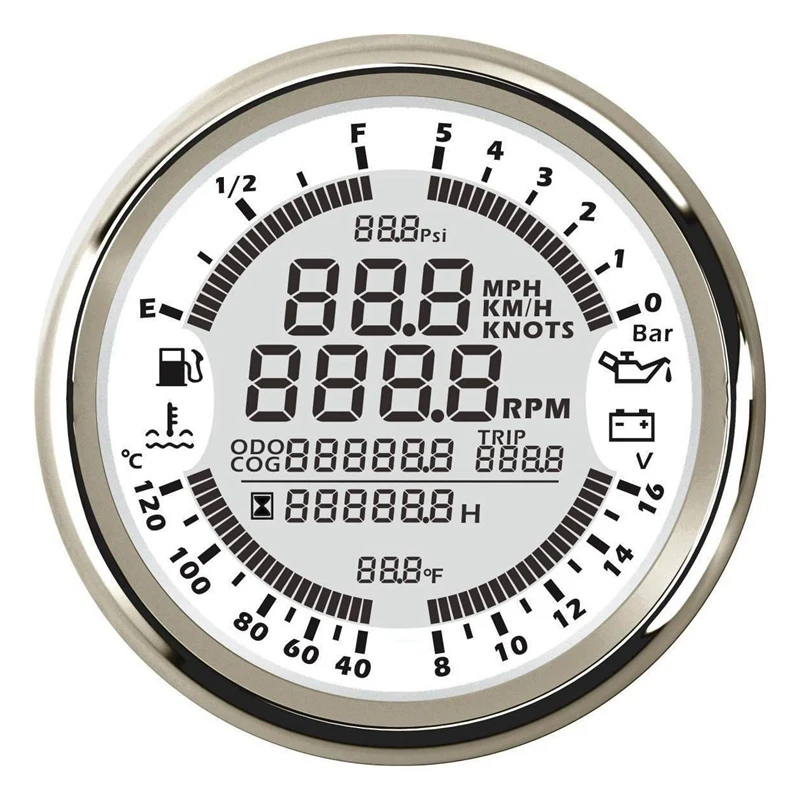 

85mm 6 in 1 Multi-Functional Auto Gauges GPS Speedometer Tachometer Fuel Level Water Voltmeter Temp Oil Pressure 5Bar