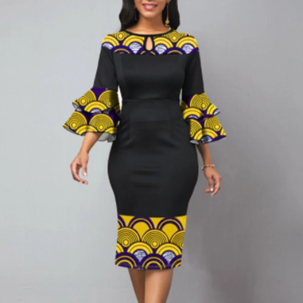 

Office Lady Women's Dress Spring Summer Elegant Designer Oversize African Print Ruffle Sleeves Round Neck Cocktail Party Female