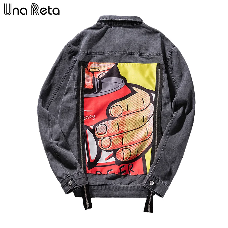 Una Reta Denim Jacket For Men Streetwear Print Jean Autumn New Plus Size Casual Long Sleeve Hip Hop Coat | Мужская одежда