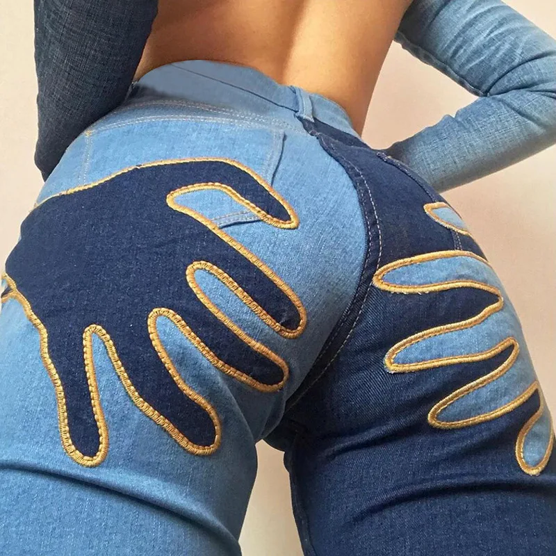 

Autumn and winter 2021 new women's fashion design contrast color stitching high waist bag hip casual jeans for women
