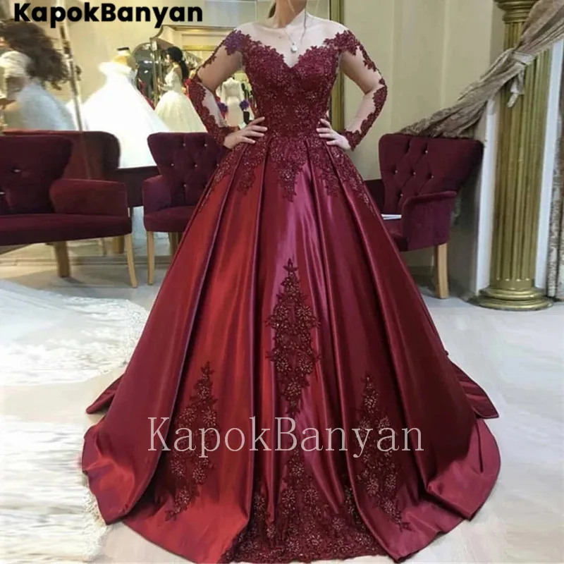 

Burgundy V-neck Illusion Long Sleeves Lace Applique Satin Prom Dress Court Train Party Ball Gown