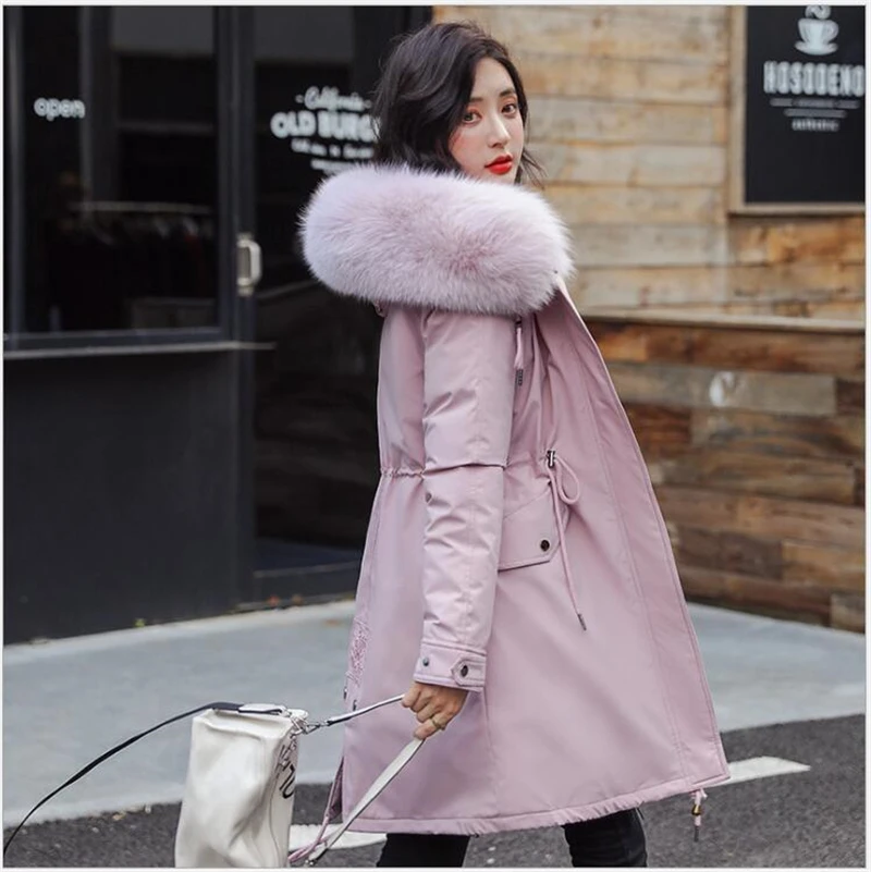 Abrigos Mujer Invierno2019 Длинная женская парка с меховым воротником Повседневная хлопковая стеганая куртка из овечьей шерсти женская верхняя одежда, парки R258
