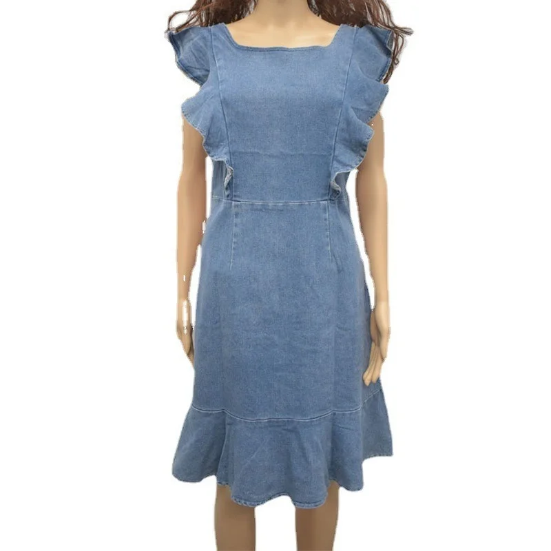

Fashion Women's Dress New Fall Casual Hot-selling Round Neck Pullover Solid Color High Waist Slim Ruffle Denim Dress Donsignet