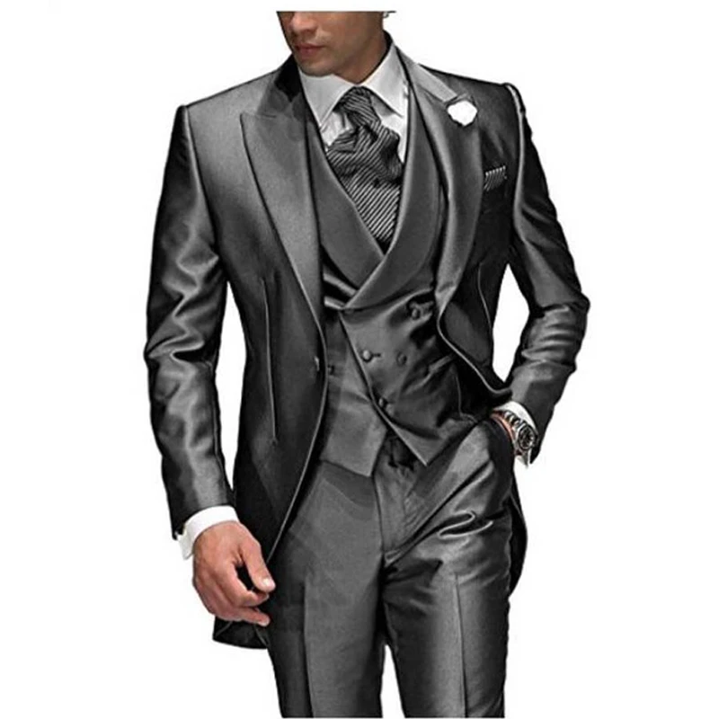 Men's Suit 3 Pieces Charcoal Gray Peaked Lapel One Button Groom Tuxedos Wedding Suits For Male Set Clothing (Jacket+Pants+Vest)