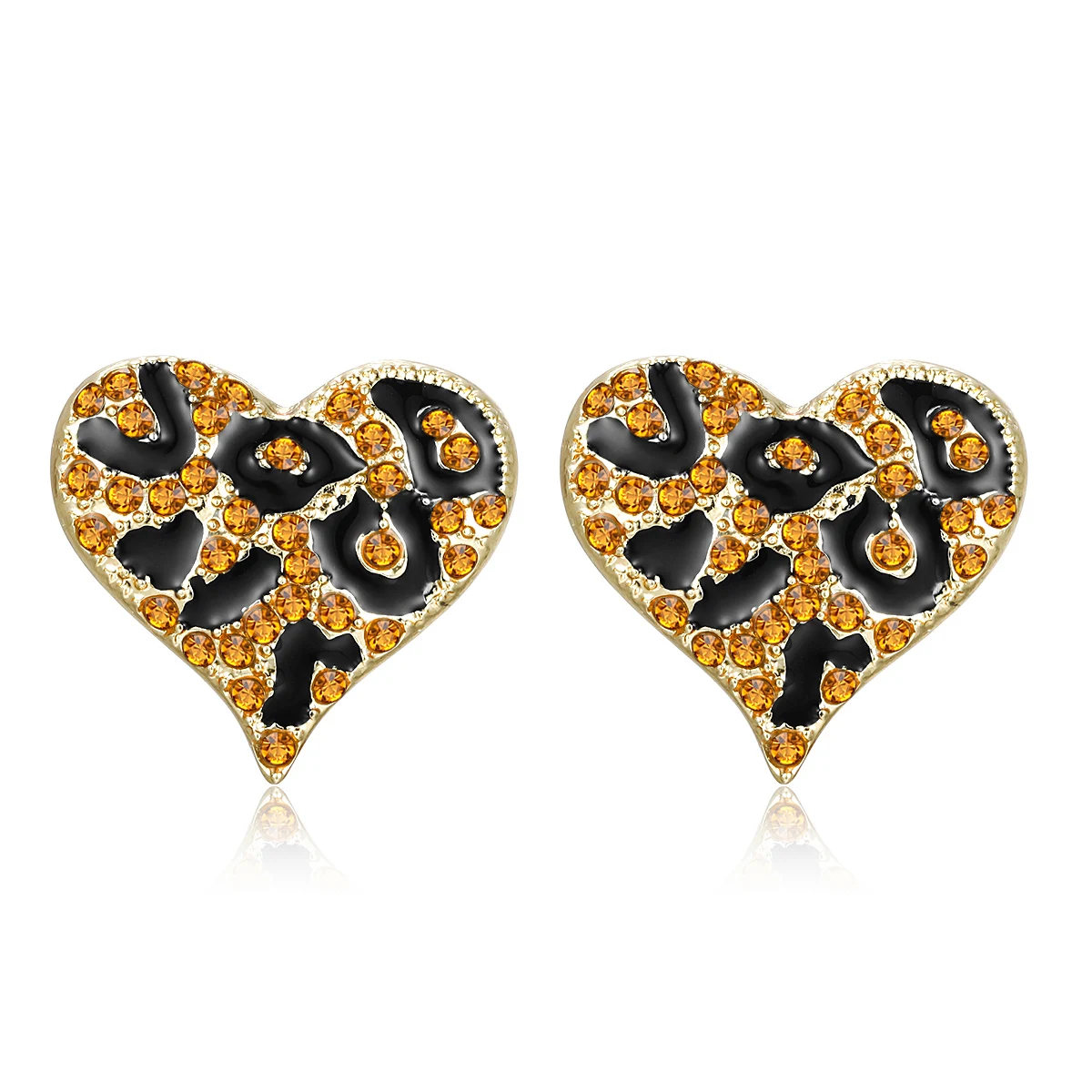 

Hip Hop Gold Alloy Leopard Print Heart Stud Earrings Statement Punk Brown Rhinestone Costume Black Enamel Cocktail Party Jewelry