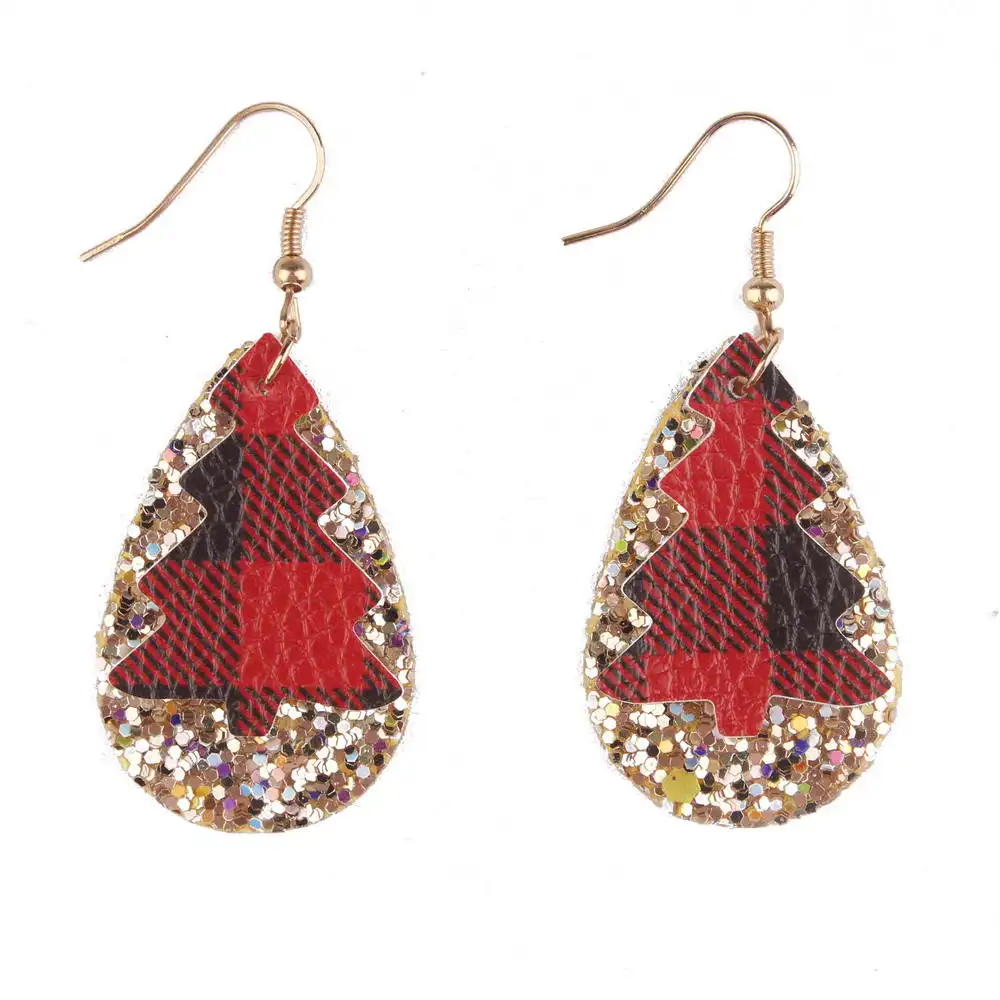 

ZWPON Mini Christmas Tree Earrings for Women Plaid Layered PU Leather Glitter Teardrop Dangle Earrings Jewelry Gifts Wholesale