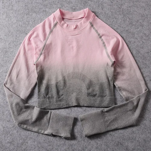 pink grey 1 Ombre укороченный топ для тренировок женский для фитнеса рубашка с длинными рукавами футболка для бега спортивная женская спортивная укороченная топы для фитнеса женские спортивные рубашки - Цвет: pink grey 1