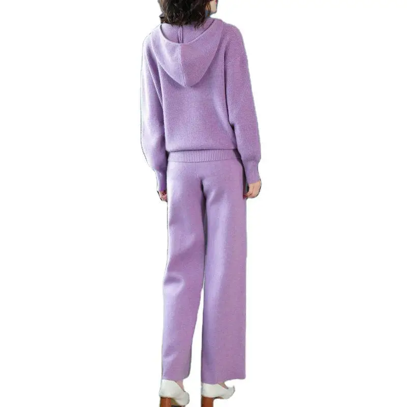 

2020 New Winter Women's Knitted Pullover Sweater Two-Piece Suits +High Waist Loose Wide Leg Pants Thicken Warm Set