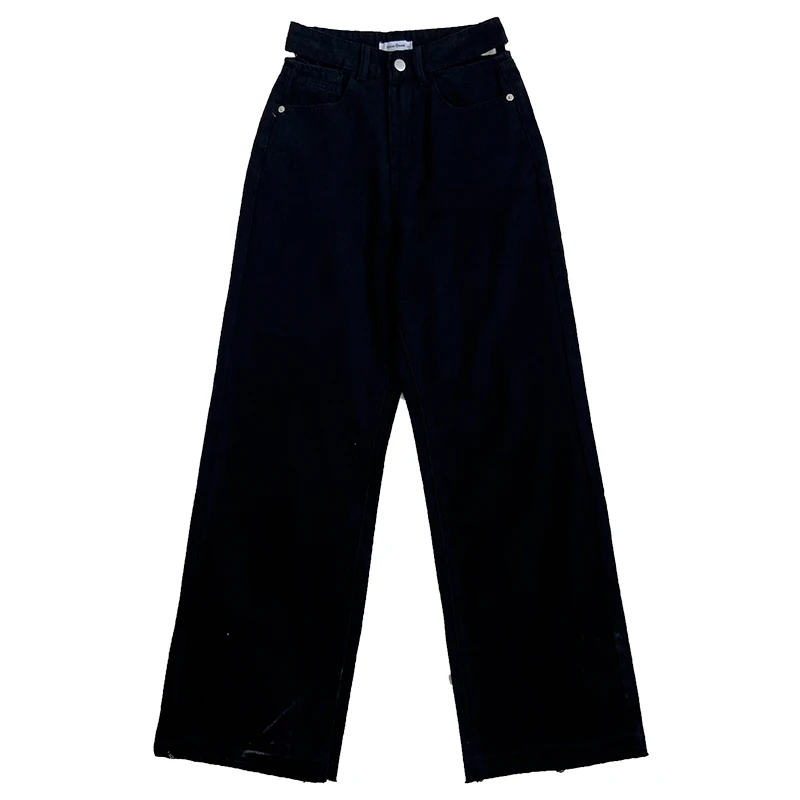 

Open Waist Sexy Rough Edge Wash Jeans Women Summer Black And White High Waist Loose And Thin Straight Tube Floor Sweeping Jeans