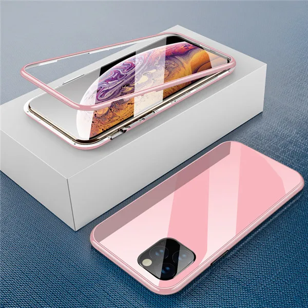 Pink Магнитный адсорбционный чехол ярких цветов 360 на для iPhone 11 Pro MAX чехол из закаленного стекла для iPhone XS MAX XR X 7 8 Plus чехол на для айфон 11 Pro Max X XR XS MAX 7 8 плюс - Цвет: Pink
