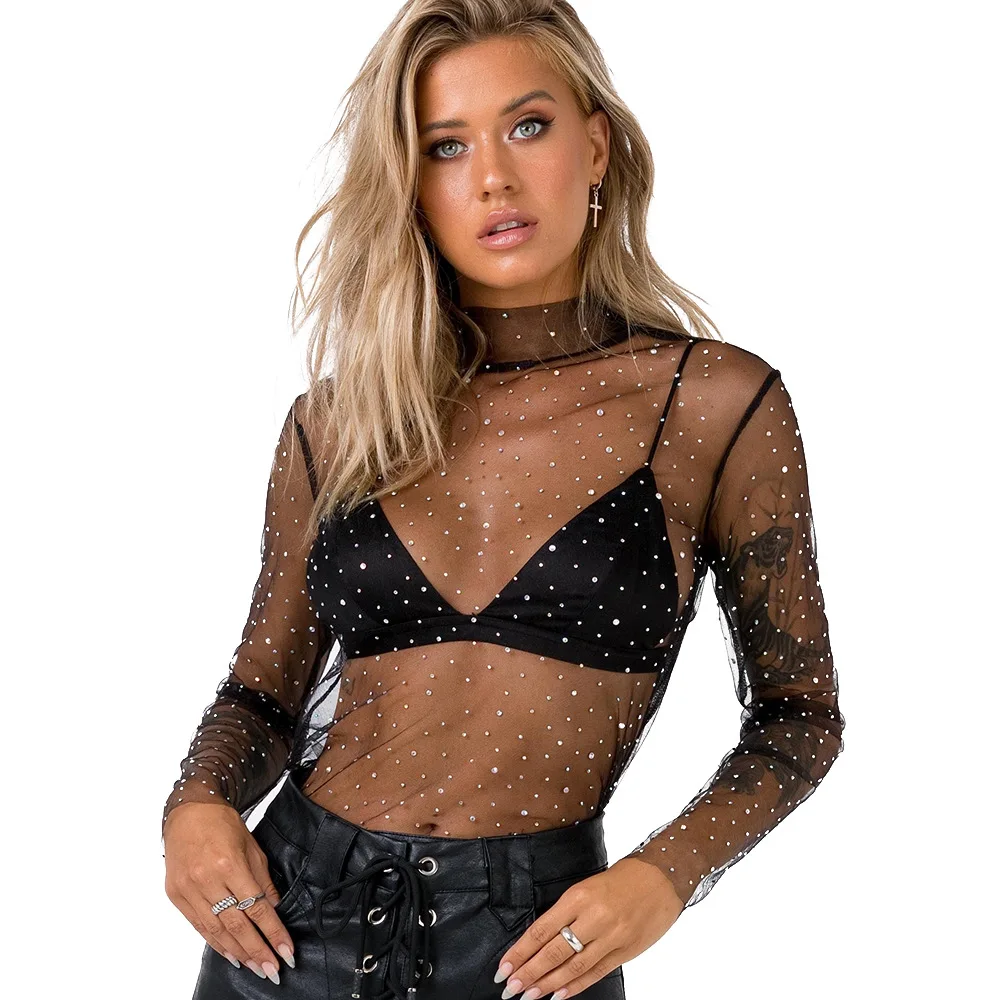 

Women's Sexy Net Yarn Sequin Shiny Lace Shirts Blouses Female Mesh Tops